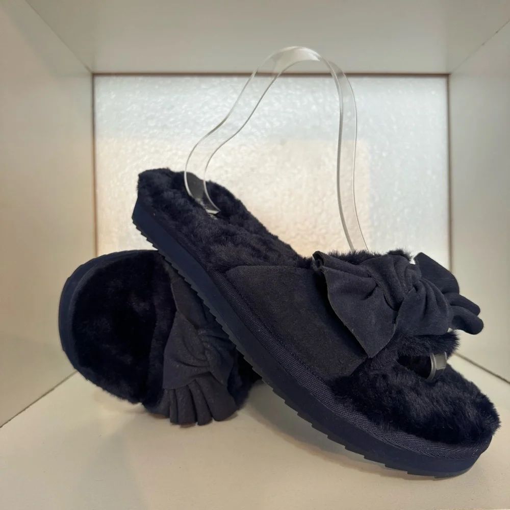 Koolaburra by UGG Fuzzy Womens Bow Slippers Navy Faux Fur Slide Cozy Comfy